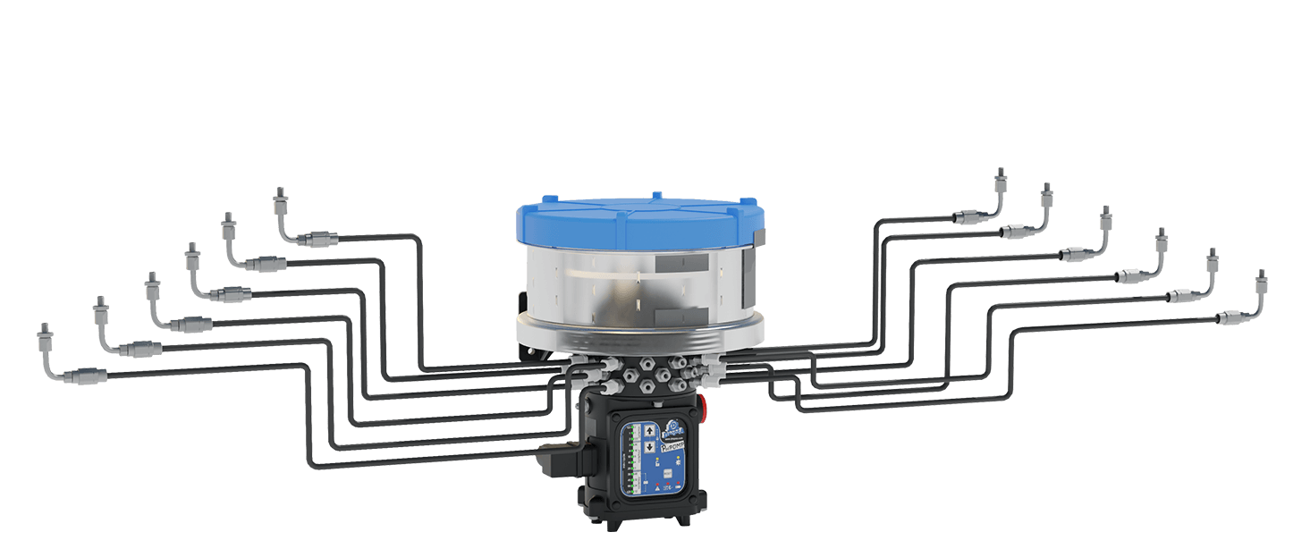 Diagram Multiline Lubrication System dengan pompa multi-outlet dan jalur individual ke lubrication point
