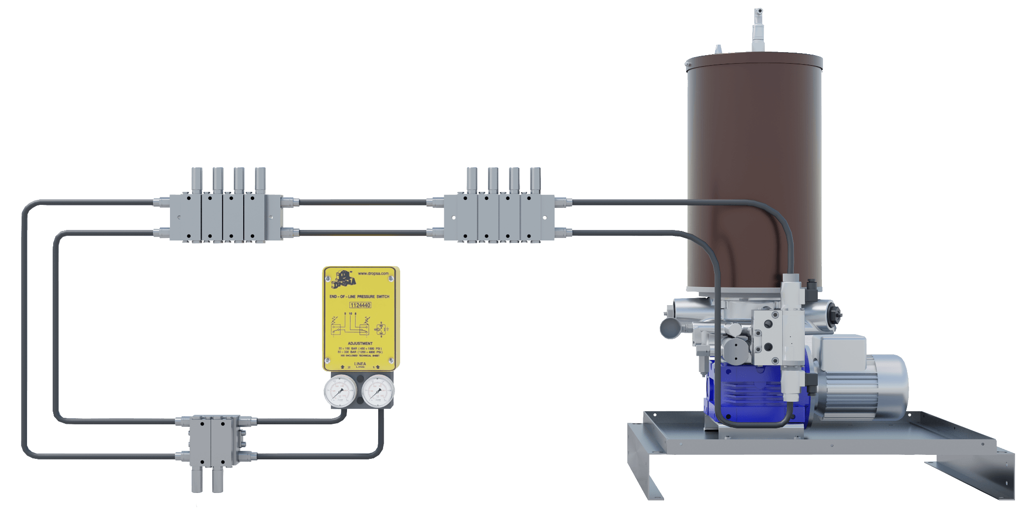 Diagram Dual Line Lubrication System dengan pump station, dua main line, metering device, dan end-of-line pressure switch